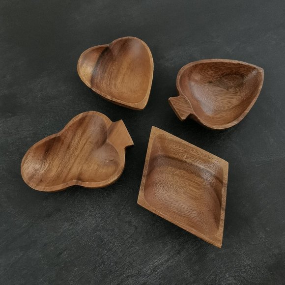 Vintage Acacia Wood Poker Night Mini Serving Dishes Original Box - Picture 4 of 6